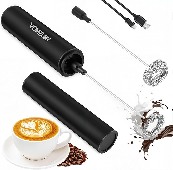 Rechargeable Milk Frother, Electric Coffee Foamer, Handheld Drink Mixer for Latte, Cappuccino, Coffee, Eggs, Hot Chocolate, Protein,Paint Black