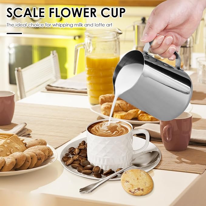 4 Pack Milk Frothing Pitcher 900ml Stainless Steel Milk Jug with Measurement Marks, 32oz Steaming Pitcher for Coffee, Cappuccino, Latte Art, Includes Art Pen, (4)