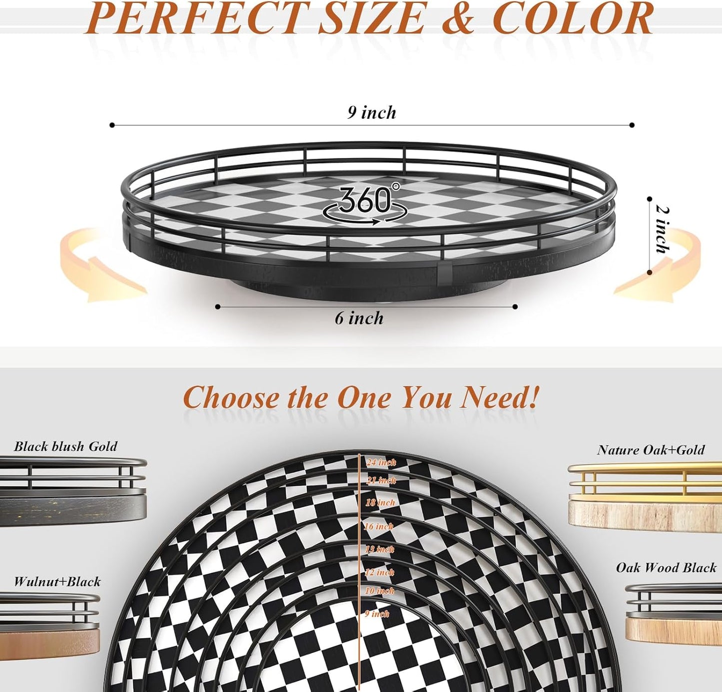 Black and White Kitchen Lazy Susan Turntable – Checkered Round Decorative Tray, 9" Table Top Oak Wood Lazy Susan for Cookies, Dining Table Organizer, Small Kitchen Table Centerpiece