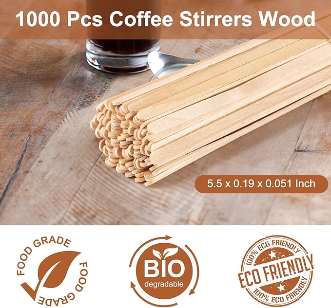 1000 Pcs Coffee Stirrers 5.5 Inch Wood Coffee Stir Sticks Individually Wrapped Wooden Stir Sticks Disposable Wood Stir Sticks Eco-Friendly Wood Coffee Stir Sticks for Coffee, Cocktail (1000 PCS)