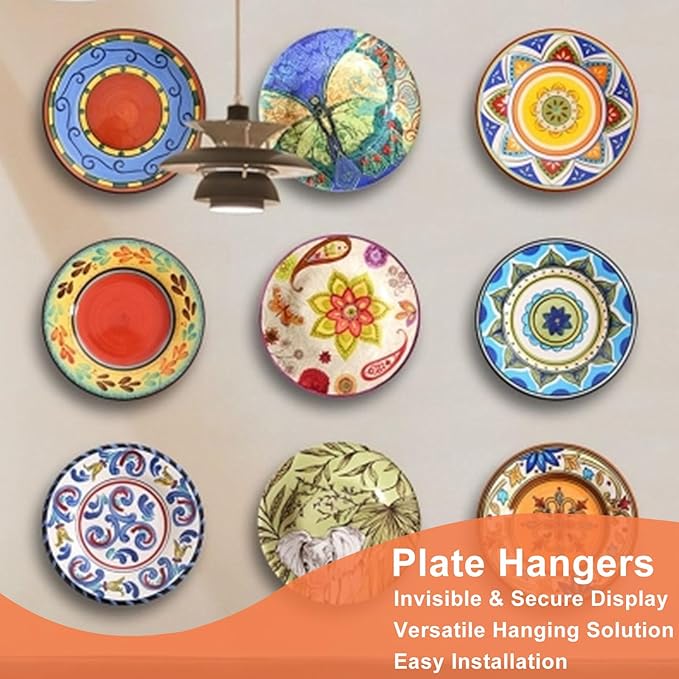 Plate Hangers for The Wall - Stainless Steel Invisible Heavy Duty Wire Plate Holder for 15-16 Inch Decorative Plates, Art Plates & Ceramic Plates with Wall Hooks
