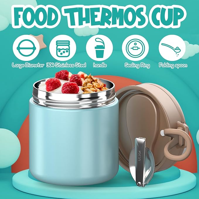 Insulated Food Jar for Kids - 15.2 Oz, Thermo for Hot Food, Soup Thermo, Insulated Food Container, Termos Para Comida Caliente, Width Mouth Stainless Steel Lunch Box with Spoon, Camouflage Green