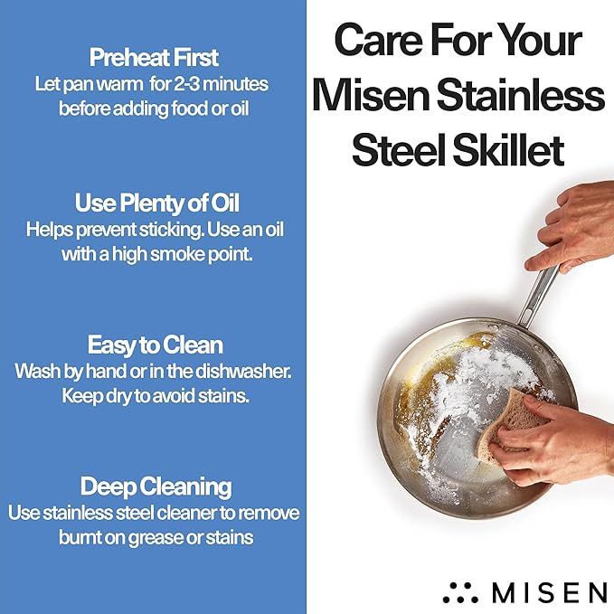 Misen 5-Ply Stainless Steel 10" Frying Pan - Professional Cookware for Induction, Gas and Electric - Dishwasher Safe, Oven Safe to 800°F - Durable, Versatile, Even Heating