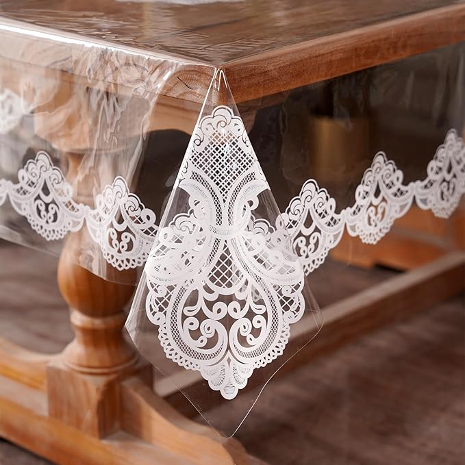 Clear Table Cover Protector Vinyl Table Cloth Rectangle Oil Spill Proof Vintage Rustic Plastic Table Covers for Dining Tables (White Lace, 60 x 104 Inches)