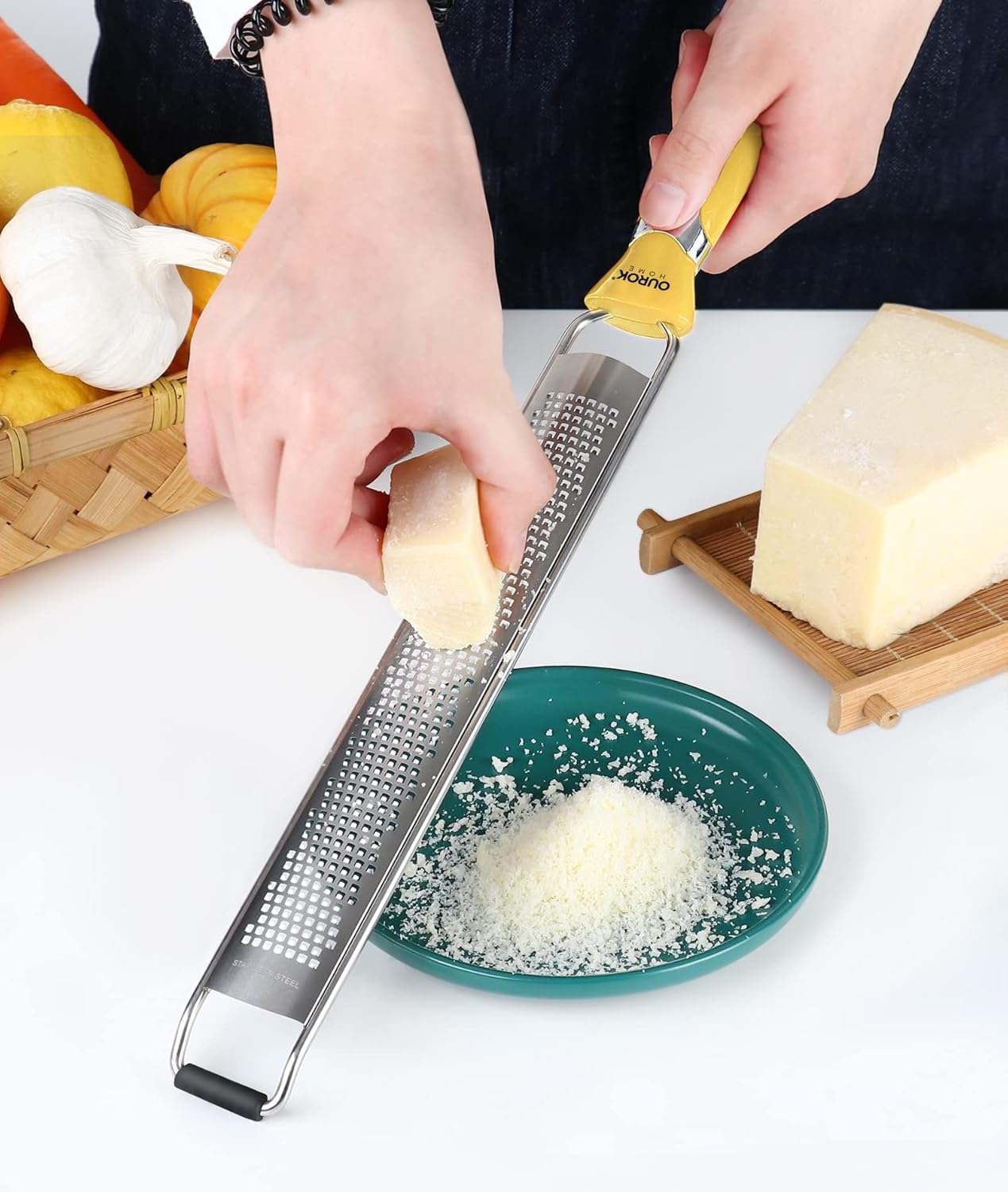Ourokhome Kitchen Lemon Zester, Stainless Steel Hand Held Parmesan Cheese Grater for Ginger, Chocolate, Coconut, Lime, Nutmeg, Citrus, Fruit, Vegetable with Cleaning Brush, Dishwasher safe, Yellow