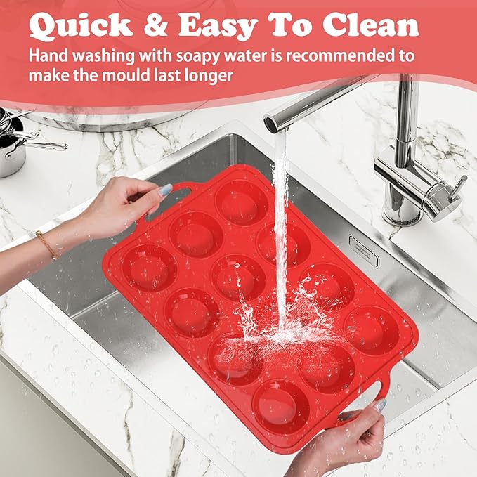 2 Pack Silicone Muffin Pan with Metal Frame, Non-stick Regular Silicone Cupcake Pan with Handles 12 Cup, Silicon Muffin Tin Tray for baking, egg bites, Cupcake Mold, BPA Free Red