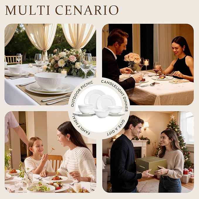 KINGSTONE 12-Piece Bone China Dinnerware Set with 20-Piece flatware, White Lightweight Porcelain Service for 4, for Family Dining, Restaurants, Gifting,Microwave and Dishwasher Safe