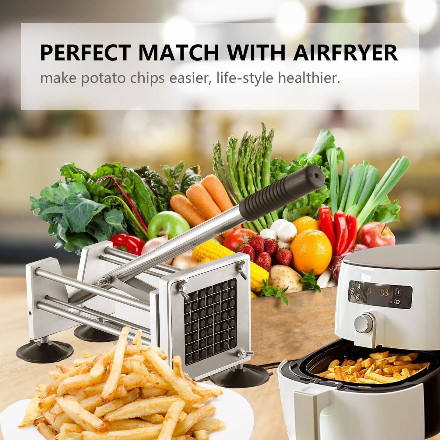 French Fry Cutter, Potato Slicer Fry Cutter with Detachable Handle, Stainless Steel Potato Cutter Includes 3/8",1/2" Blades with 4 Suction Feet for Potato, Carrot, Cucumbers
