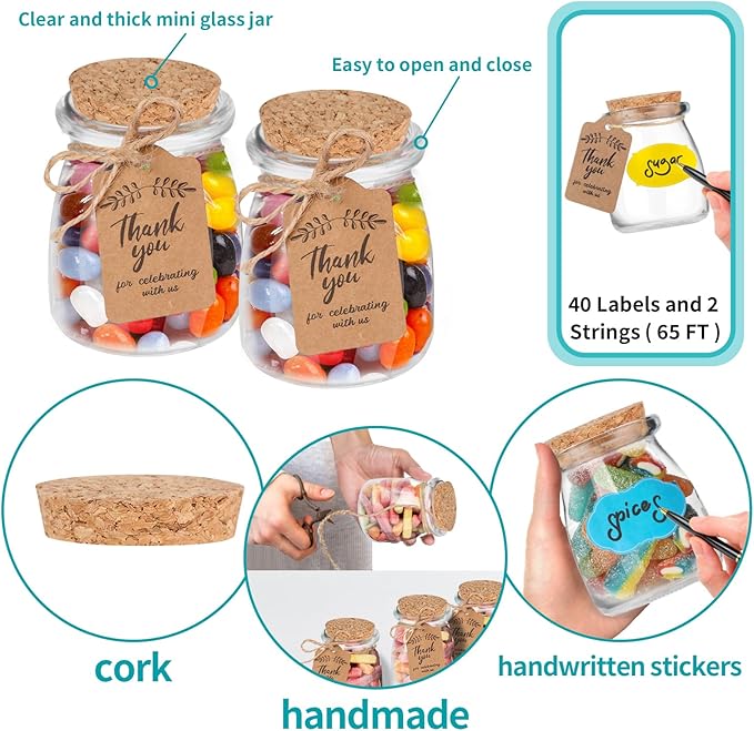 AIXIANG 40 Pack 7 oz Glass Favor Jars with Cork Lid and Seal Cap with Twine Labels for Wedding,Baby Shower,Party Favors,Gift Jar,Yogurt,Candy, Spices,Decorative Jars