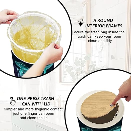 Trash Can with Lid Fantasy Dark Forest Green Glowing Mushrooms Press Top Round Small Garbage Bin with Wooden Legs Waste Basket for Kitchen Bedroom Nursery 7L/1.8 Gallon