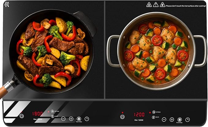 Double Burner Induction Cooktop, 1800W Portable Induction Cooktop 2 Burner with 9 Temp & Power Independent Touch Control, Electric Stove Top Cooker with Safety Lock, 3 Hour Timer