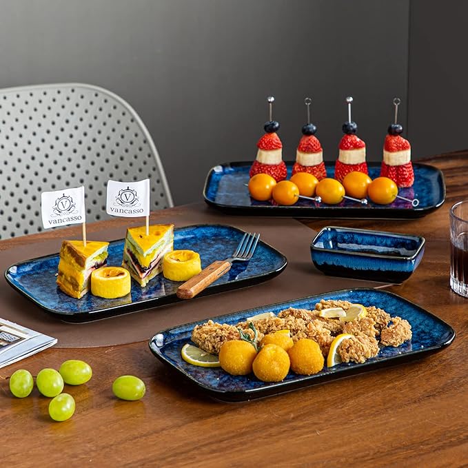 vancasso Stern Serving Platters Set of 4, 11 Inches Rectangular Ceramic Serving Plates, Blue Serving Trays for Entertaining