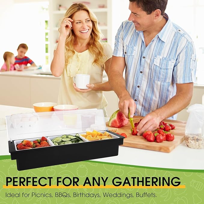 Ice Cooled Condiment Serving Container Fruit Veggie Condiment Caddy Plastic Garnish Station with Lid for Fruit,Ice Cream,Salad Bar-Topping Organizer for Restaurant Supplies (3 Compartments)