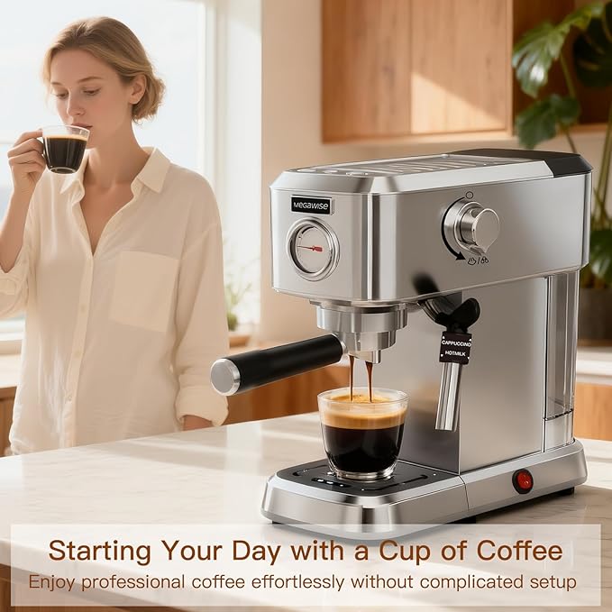 MEGAWISE Espresso Machine 20 Bar, Compact Stainless Steel Coffee Maker with Steam Milk Frother & Removable Tank for Cappuccino, Latte - Silver
