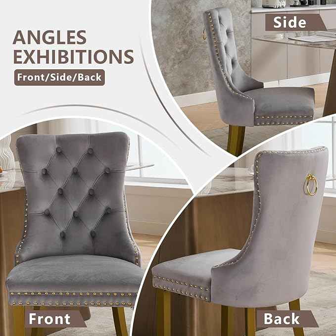 Velvet Dining Chairs Set of 4, Kitchen & Dining Room Chairs, Upholstered Dining Chairs with Back Ring Pull and Golden Solid Wood Legs, Modern Tufted Kitchen Chairs for Dining Room, Light Grey