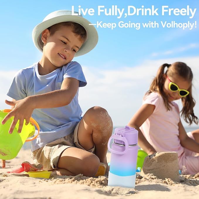 Volhoply 14oz KIds Water Bottle with Straw Lid and Silicone Boot Bulk 6 Pack,Stainless Steel Insulated Bottles for Boys & Girls Multipack,Double Wall Vacuum Leakproof Bottles(Purple Blue,6)