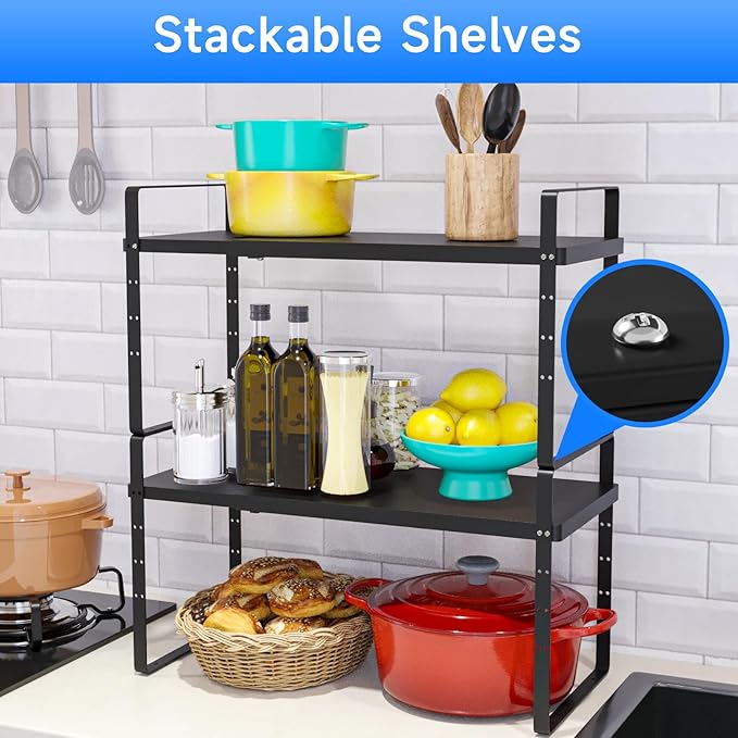 Expandable Cabinet Shelf Organizer, Stackable Kitchen Pantry Counter Storage, Adjustable Closet Cupboard Stand Rack Risers Spice Organization, 80LBS Heavy Duty, Black 3 Pack