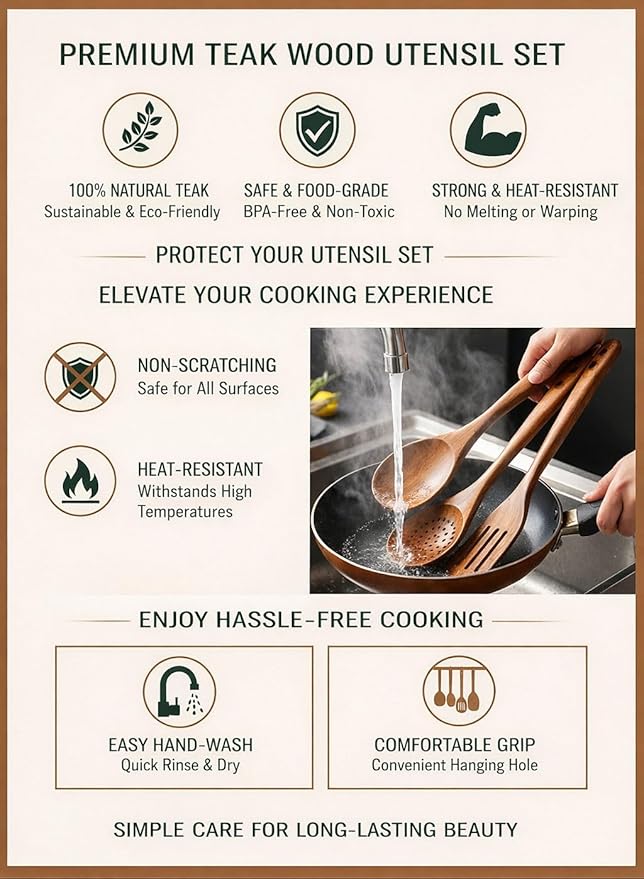 Natural Teak Wood Kitchen Utensil Set - 10 Piece Non-Stick Cooking Spoons & Spatulas, Heat Resistant & Eco-Friendly, Durable Wooden Tools for Nonstick Cookware
