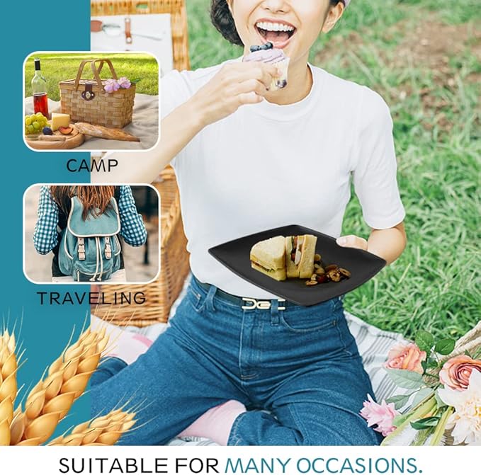Teivio 16-piece Plastic Wheat Straw Square Dinnerware Set for 4, Unbreakable Dinner Plates, Salad Plates, Snack Bowls, Tumblers 13.5 oz, Dishwasher Safe, Kitchen Outdoor Camping,Black