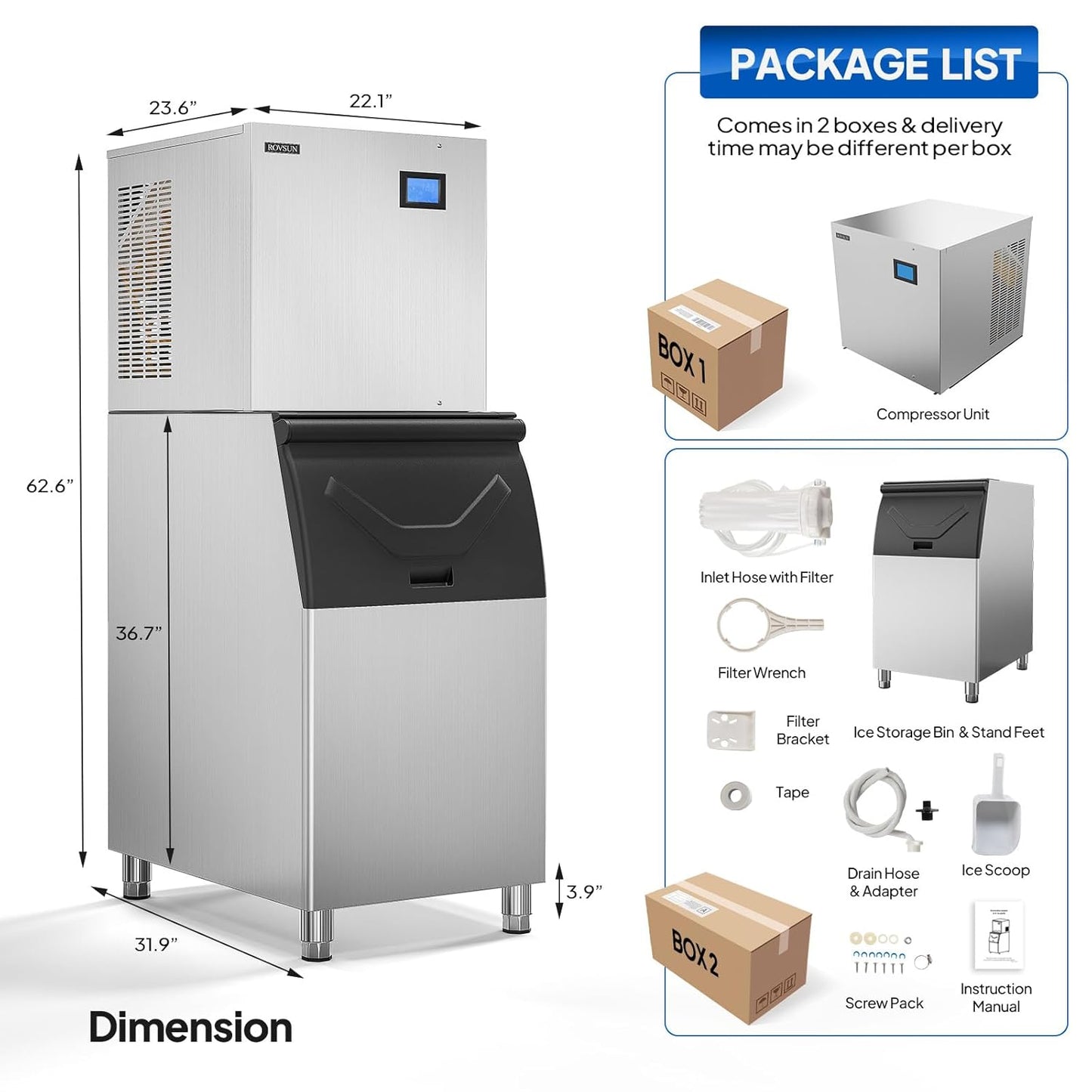 ROVSUN 550LBS/24H Commercial Ice Maker Machine with 300LBS Storage Bin, Industrial Ice Machine with LCD Touch Control Panel & Automatic Cleaning for Bar Coffee Shop Restaurant Supermarket Home