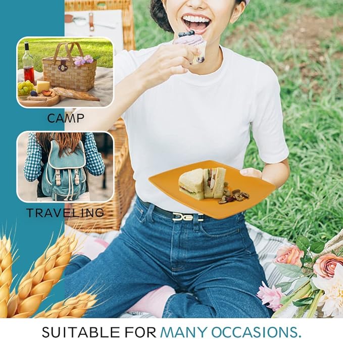 Teivio 16-piece Plastic Wheat Straw Square Dinnerware Set for 4, Unbreakable Dinner Plates, Salad Plates, Snack Bowls, Tumblers 13.5 oz, Dishwasher Safe, Autumn Multicolor