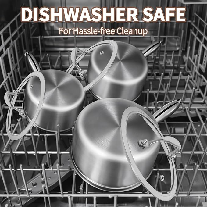 EWFEN 3 Ply Stainless Steel Sauce Pan Set with Lids, 1 & 2 & 3 Quart Multipurpose Cooking Pot, Stay-Cool Handle, Induction Oven Dishwasher Safe, 1QT & 2QT & 3QT
