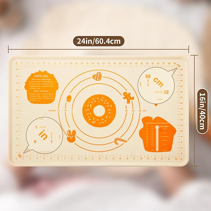 DANIA & DEAN Silicone Baking Mat - Upgrade 26x16 Inch Extra Thick Pastry Mat with Measurements, Non-Slip and Reusable, Kneading Dough Mat for Kitchen Counter, Bread, Cookies, Pizza, Fondant, Pasta