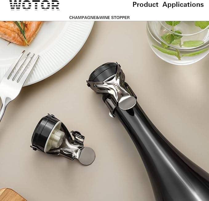 WOTOR Champagne&Wine Bottle Stoppers Stainless Steel with Food Grade Silicone, Leak Proof Keep Fresh Reusable Saver, Cork Suitable for Wine, Champagne, Cava, Prosecco and Sparkling (2 Pack Black)