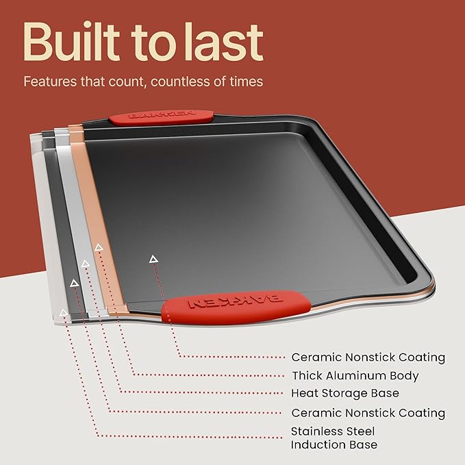 BAKKEN Kitchen Baking Pans - 15.15 x 10.03" Medium Nonstick Sheet, Durable Carbon Steel Cookie Sheet with Red Silicone Handles, PFOA, PFOS, PTFE Free, Oven Safe Tray (Up To 450°F), Set of 1