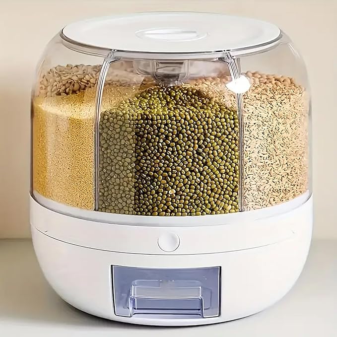 360° Rotating Grain Dispenser, 6-Grid Large Rice Storage Container (13 Lbs), One-Click Output Sealed Food Storage for Rice, Beans, Cereal - Countertop Kitchen Organization