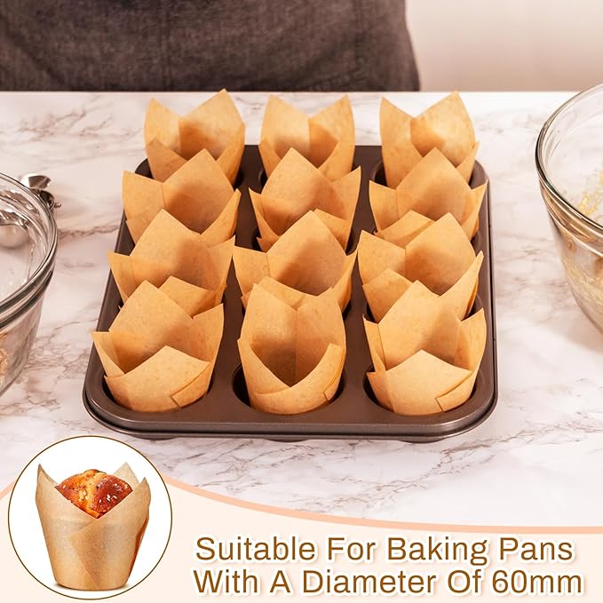 Motiskyy Jumbo Muffin Liners for Baking 2-1/4" x 4" Large Tulip Cupcake Liners Greaseproof Cupcake Wrapper Paper for Weddings Birthday Christmas Anniversaries Party (Light Brown,300 Pcs)