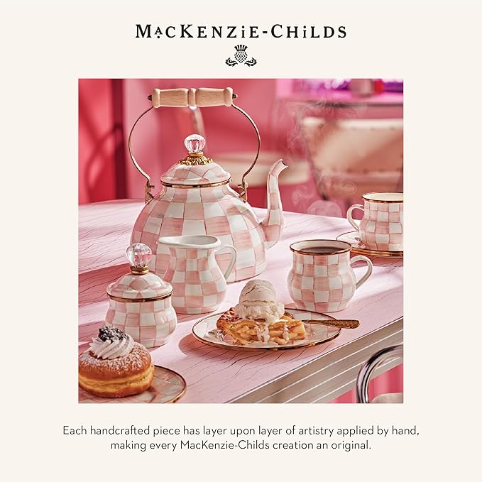 MACKENZIE-CHILDS Enamel Pedestal Platter, Round Cake Stand, Large, Pink-and-White Rosy Check