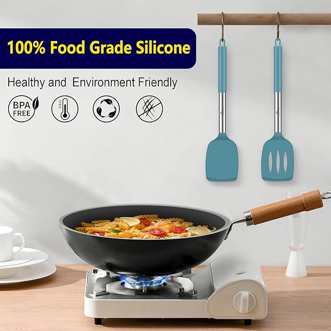 HOTEC Silicone Spatula Set of 2 Heat-Resistant 600°F & BPA-Free Kitchen SaptulaTurner with Stainless Steel Handles, Slotted & Solid Spatulas for Nonstick Cookware, 13.7 Inch, Blue