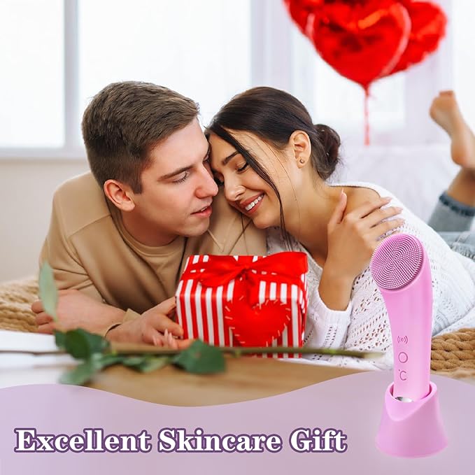 Facial Cleansing Brush, 2 in 1 Silicone Face Scrubber with Heat Massage End,Rechargeable Facial Exfoliation Brush, Waterproof Facial Scrubber for Deep Cleansing, Electric Face Brush for Women (Pink)