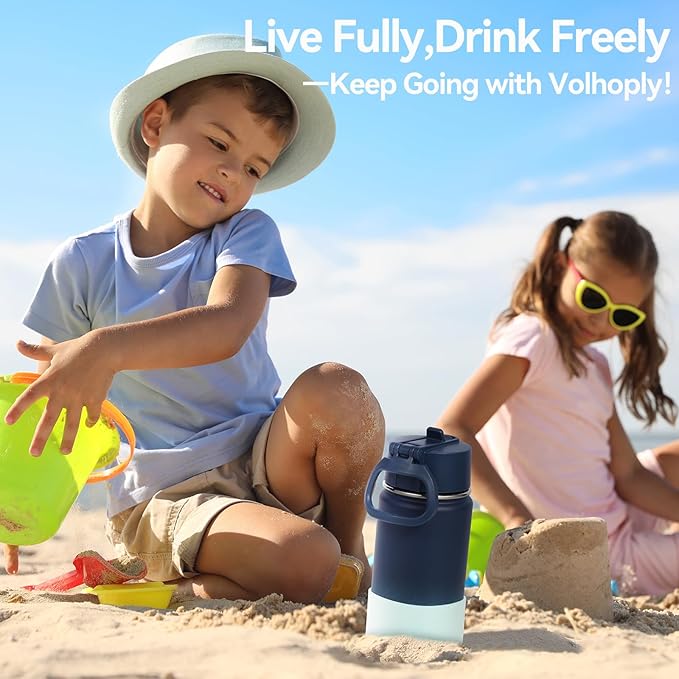 Volhoply 14oz KIds Water Bottle with Straw Lid and Silicone Boot Bulk 6 Pack,Stainless Steel Insulated Bottles for Boys & Girls Multipack,Double Wall Vacuum Leakproof Bottles(Blue Green,6)