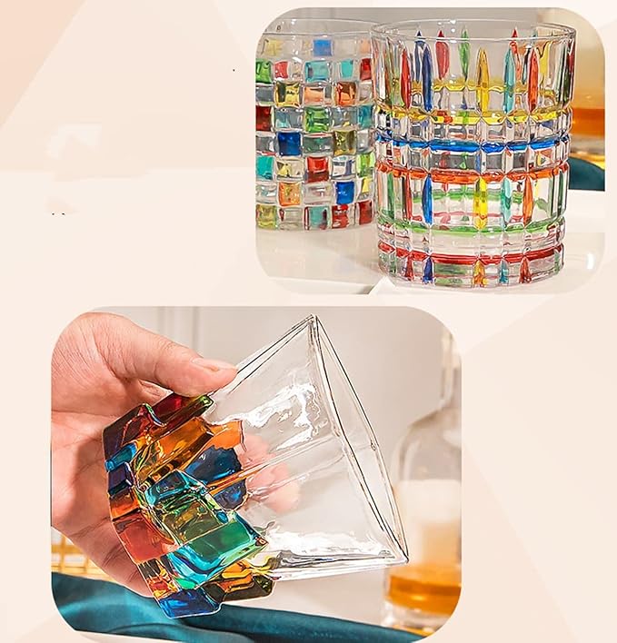 Colorful Drinking Glasses, Hand Painted Colored Water Glasses, Multicolor Water Glasse,Whiskey Wineglass Glasses,Tumbler Glasses (Ice cube)