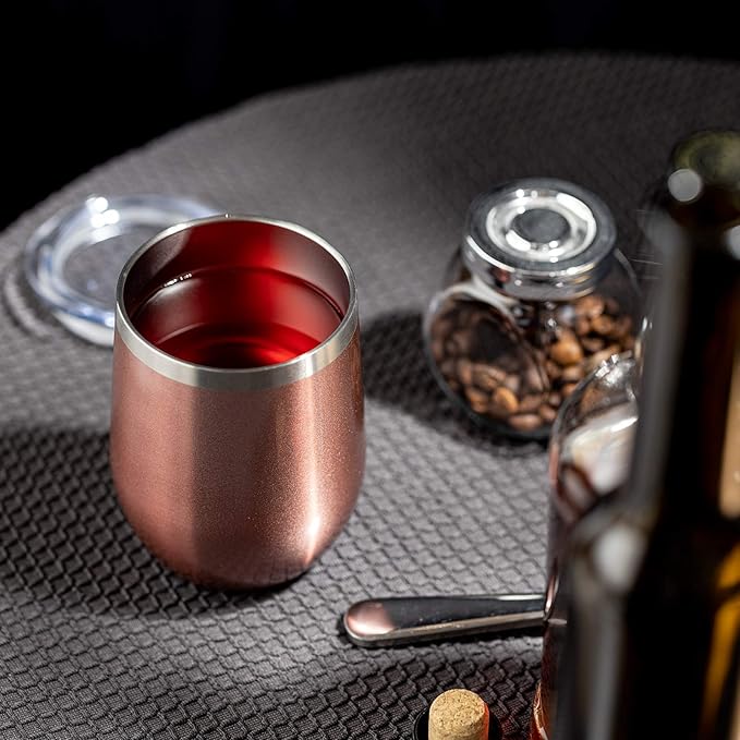 COMOOO Rose Gold Stainless Steel Wine Tumbler Bulk with Lid and Straw 12oz Double Wall Vacuum Insulated Tumbler Cup Stemless for Hot and Cold Drinks, Coffee, Wine, Cocktails Rose gold, 8 Pack