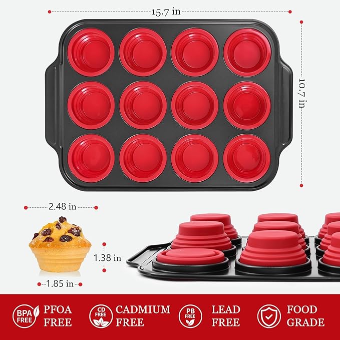 12 Cups Silicone Muffin Pans for Baking with Metal Frame, Egg Bite Molds, Cupcake Pans Regular Size, Muffin Tins Easy to Pop Nonstick Non Toxic Bakeware for Oven Dishwasher Safe