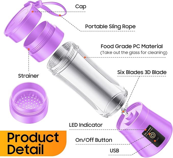 Portable Blender for Smoothies & Shakes - Cordless Personal Size Mini Blender with BAP Free Juice Cup, USB Rechargeable Suit for Sports/Picnic, Mother's Day