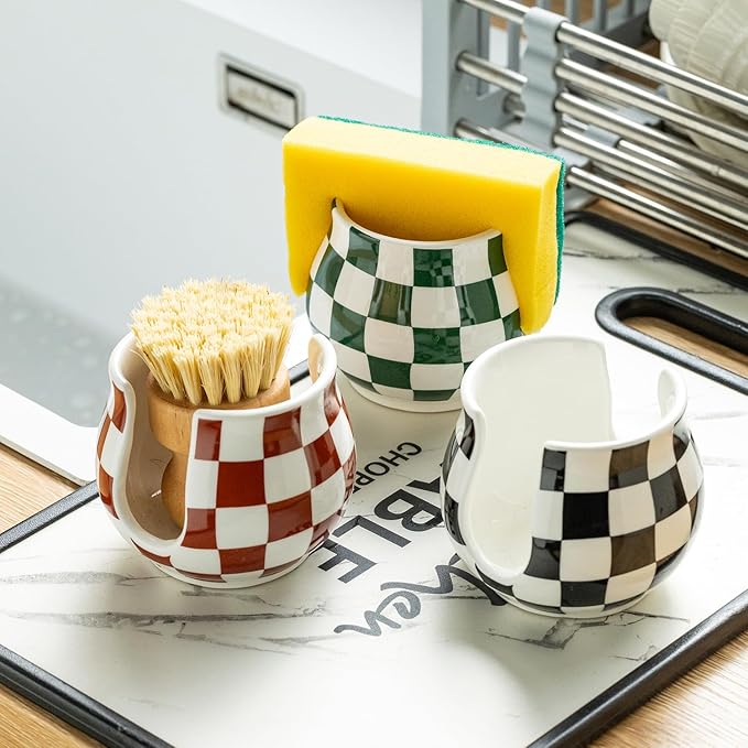 Checkered Sponge Holder for Kitchen Sink, Ceramic Dish Sponge Dish Rack Scrubby Holder Kitchen Organizer Cute Sink Caddy Organizer, Farmhouse Decor, Black and White