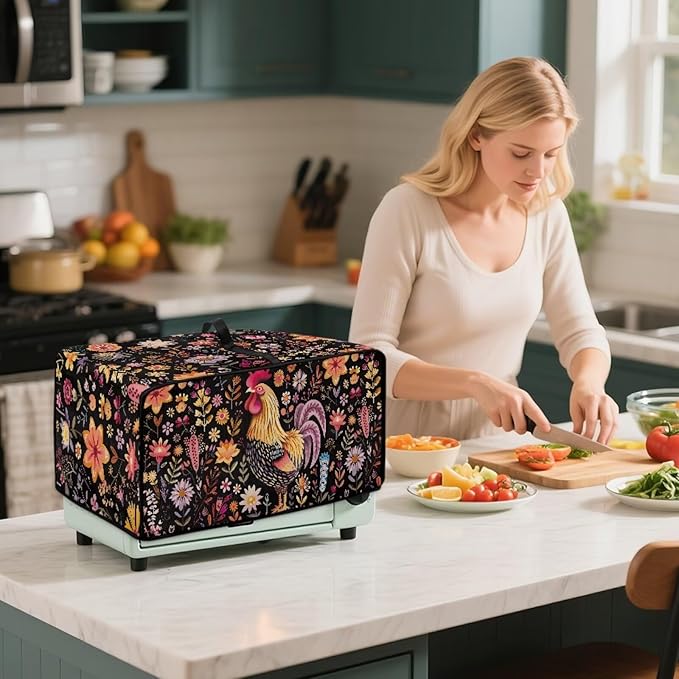 Microwave Oven Cover Air Fryer Toaster Oven Dust Cover with Accessory Pockets, Stain-resistant Small Electric Appliance Protector for Kitchen, M, Rooster Chicken Floral Black