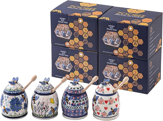 ZOOBEE Small Ceramic Honey Jar with Dipper and Lid, Handpainted 10oz Honey Pot, Microwave-safe Honey Container for Kitchen, Picnic, Travel -Starry Petals