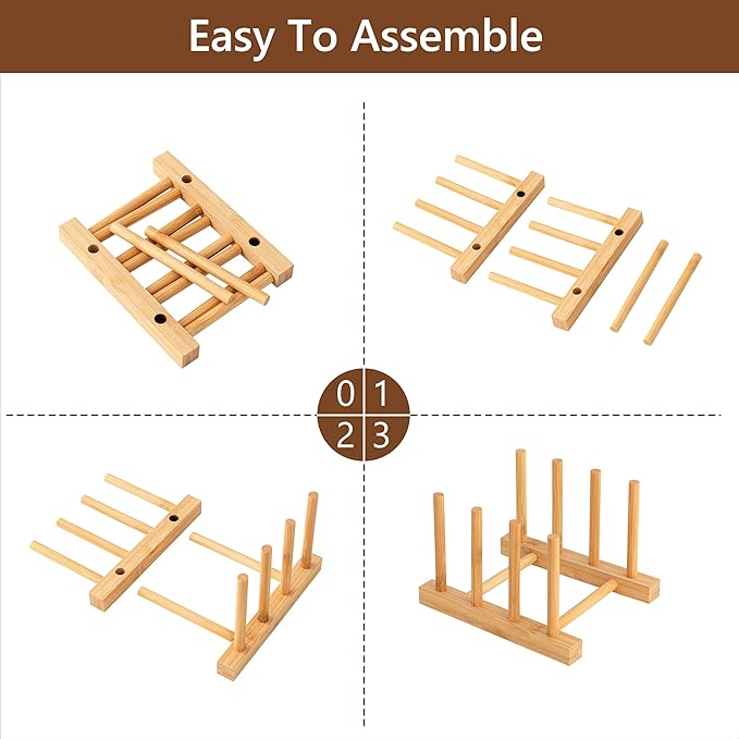 HBlife 2pcs Bamboo Dish Plate Bowl Cup Book Pot Lid Cutting Board Drying Rack Stand Drainer Storage Holder Organizer Kitchen Cabinet(Keep Dry)