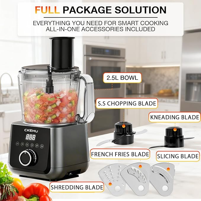 12 Cup Smart Food Processor, Electric Food Chopper Slicer with French-Fry Slicing Shredding Chopping Kneading Cutter, For Meat, Vegetable, Fries, Cheese, Meat & Veggie Prep, Puree