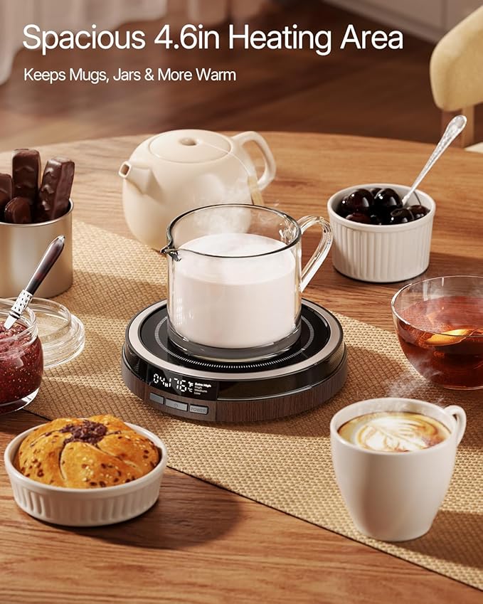 Coffee Mug Warmer for Desk, 50W Fast Heating Cup Warmer with Smart Display, 4 Temps & 12H Timer, Auto Shut Off for Tea, Milk, Hot Drinks - Wood Effect