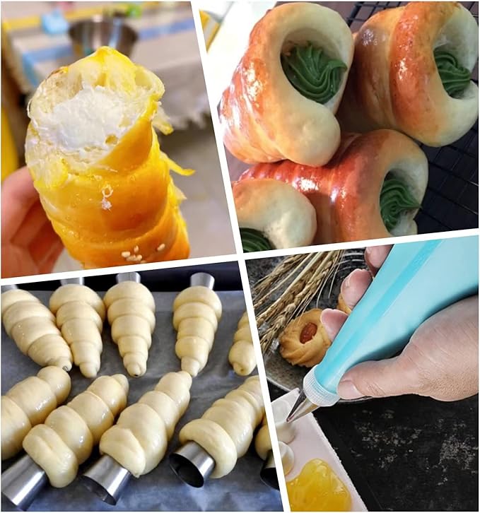 16 Pack Cannoli Tubes Stainless Steel, 5 inch Large Size Cannoli Tubes Baking Molds with Piping Bags, Long Piping Tips for Cream Horns, Cannoli Shell, Brioche Rolls, Croissant Toast