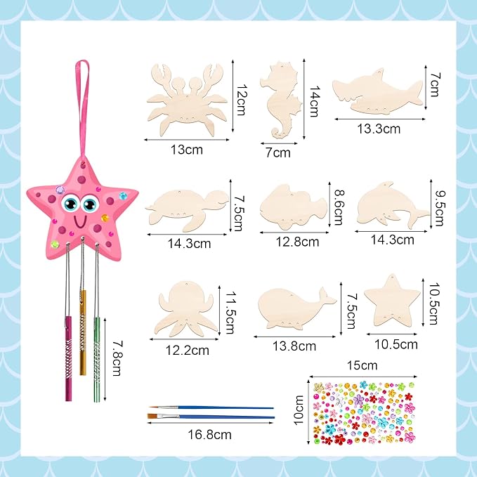Fennoral 9 Pack Wind Chime Kit for Kids Make Your Own Ocean Animals Wind Chime Wooden Arts and Crafts for Girls Boys Ornaments DIY Coloring Sea Animals Craft for Art Activity Summer Party Decoration
