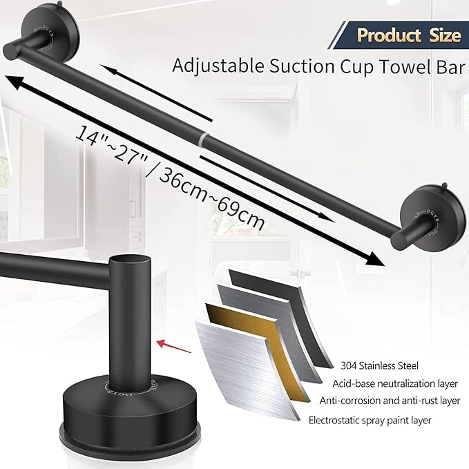 DGYB Adjustable Suction Cup Towel Bar for Bathroom 14 Inch ~ 27 Inch Set of 2 Matte Black Towel Rack Stainless Steel Bath Towel Holder for Glass Shower Door
