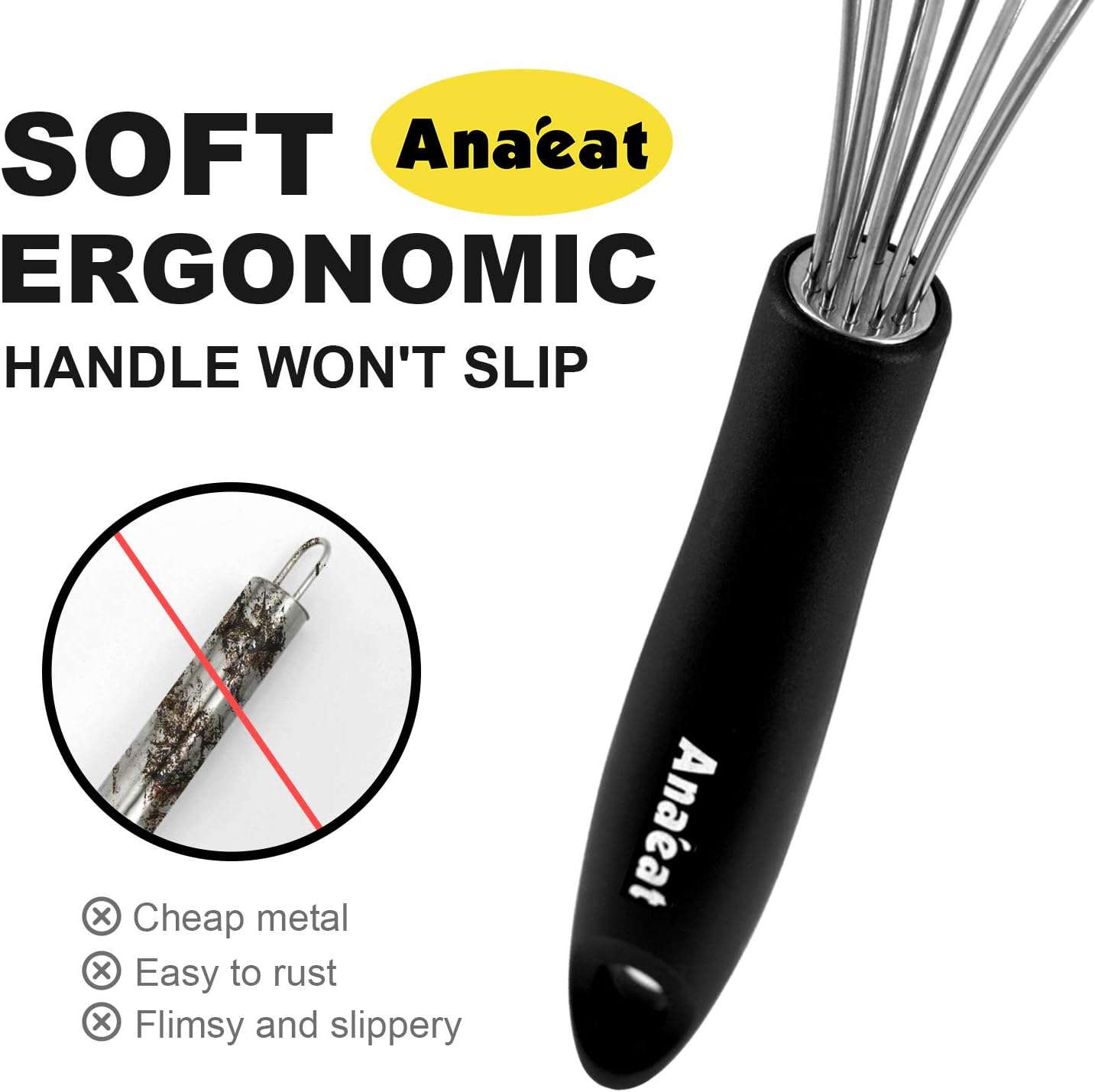3 Packs Stainless Steel Whisk Set - Balloon Whisk, Anaeat Thick Stainless Steel Wire & Strong Handles, Egg Beater for Cooking, Blending, Whisking, Beating and Stirring (8.5"+10.5"+12")