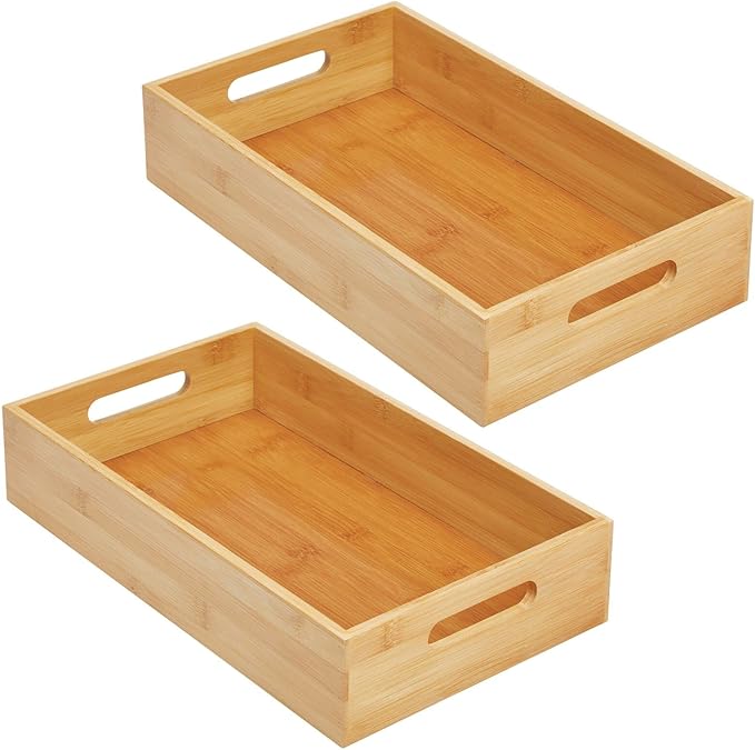 mDesign Wide Bamboo Office Desk Drawer Organizer Tray Bin with Handles - Organizer for School Supplies, Pens, Pencils, Notepads, Staplers, Envelopes - Echo Collection, 2 Pack, Natural Wood Finish